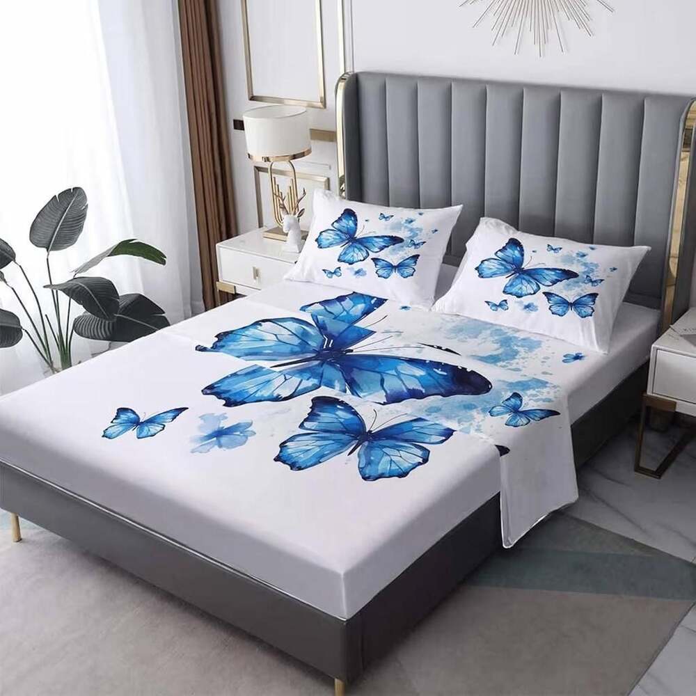 Blue Butterfly Bed Sheet Set 4-Piece Queen Bedding